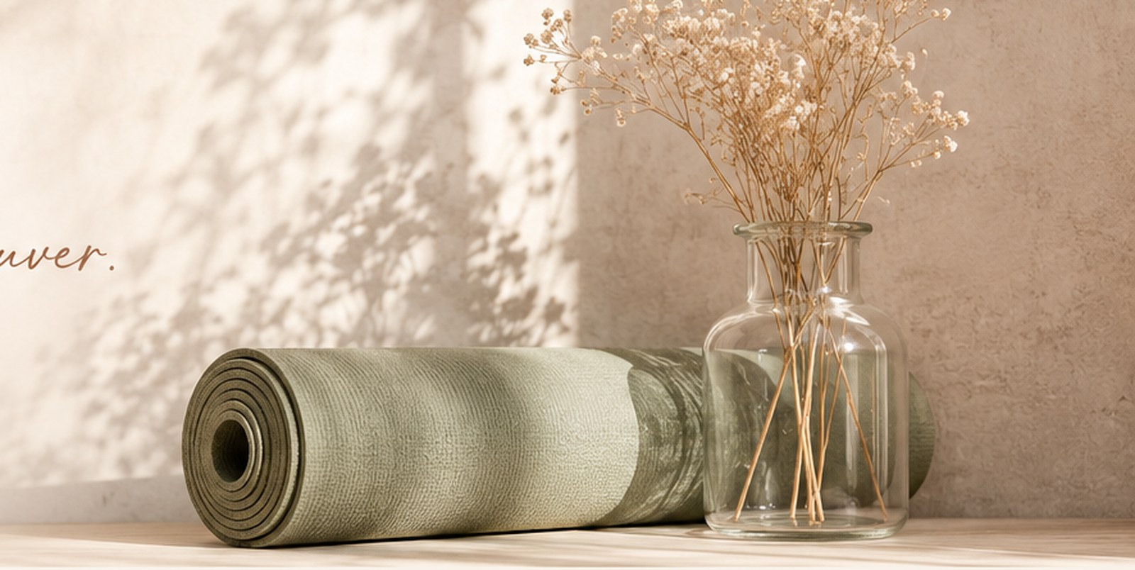 Tapis de yoga et fleurs séchées dans une lumière douce